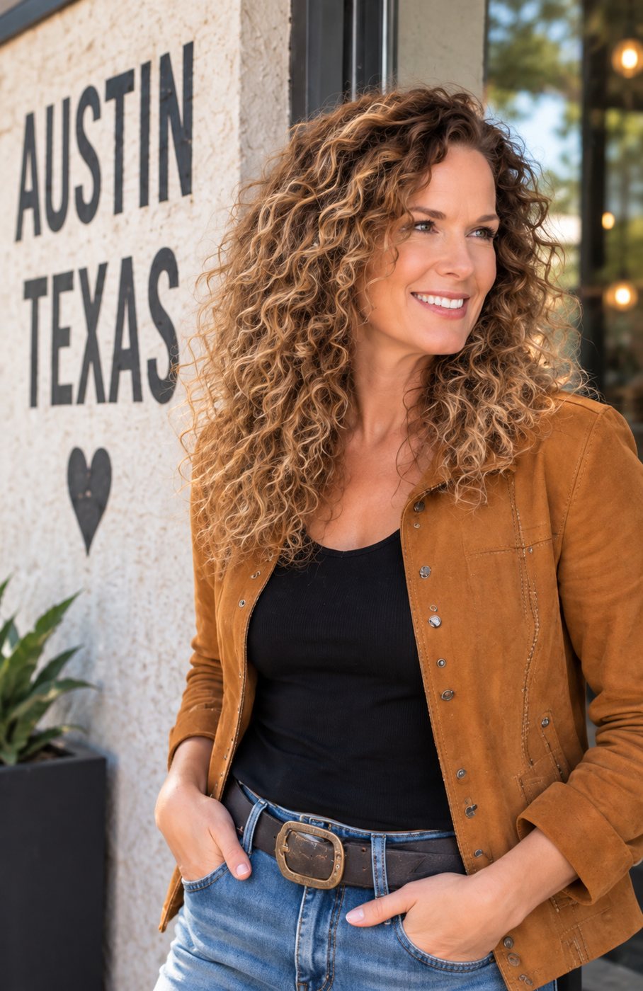 Cindy leaning against a wall painted with the words Austin, Texas