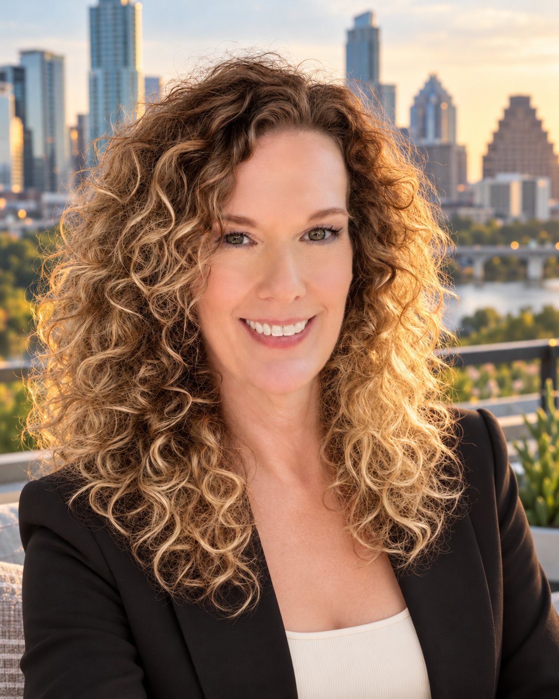 Cindy, smiling, with the Austin skyline behind her